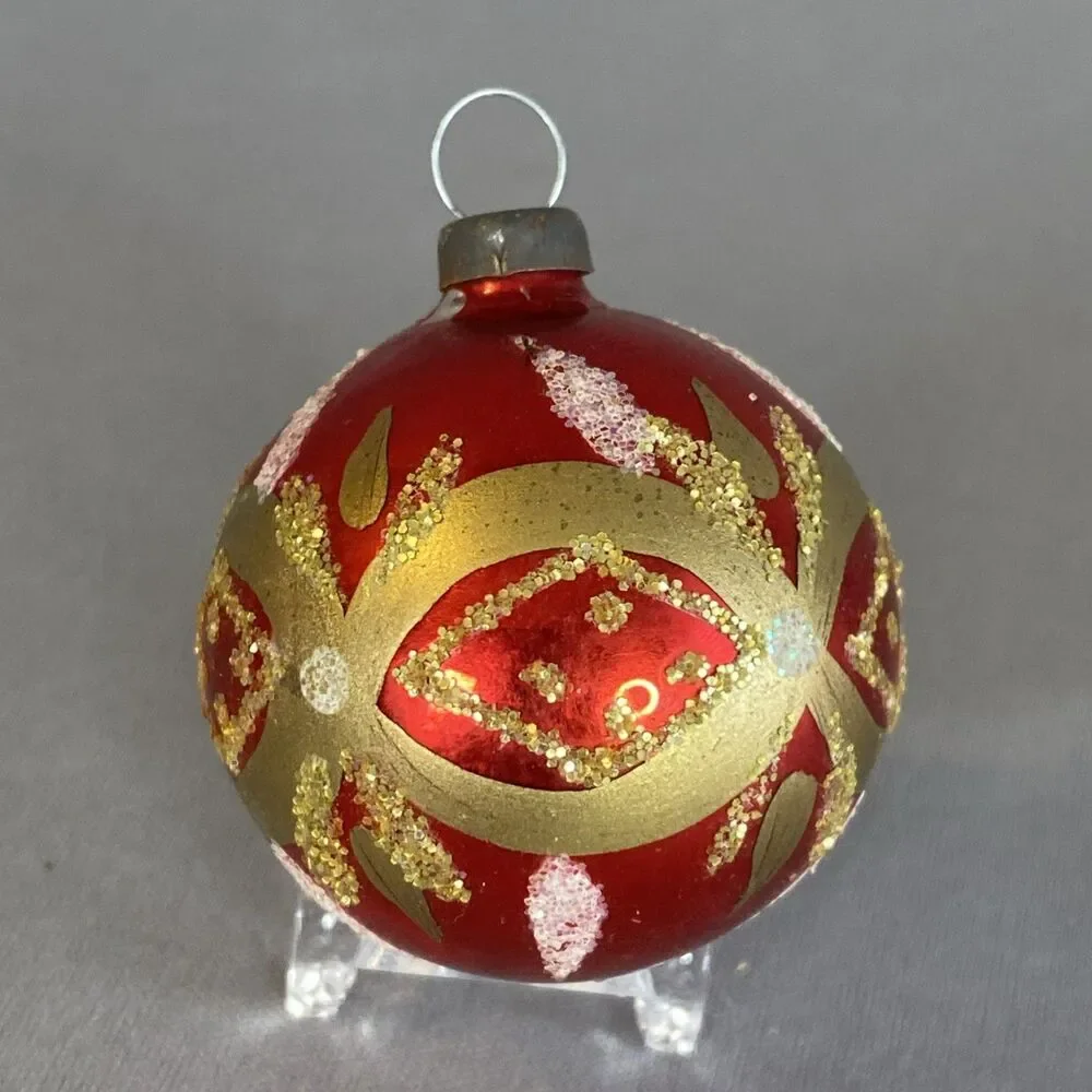Vintage Christmas Red Gold Glass Ball Ornaments Hand Painted Glitter Holiday